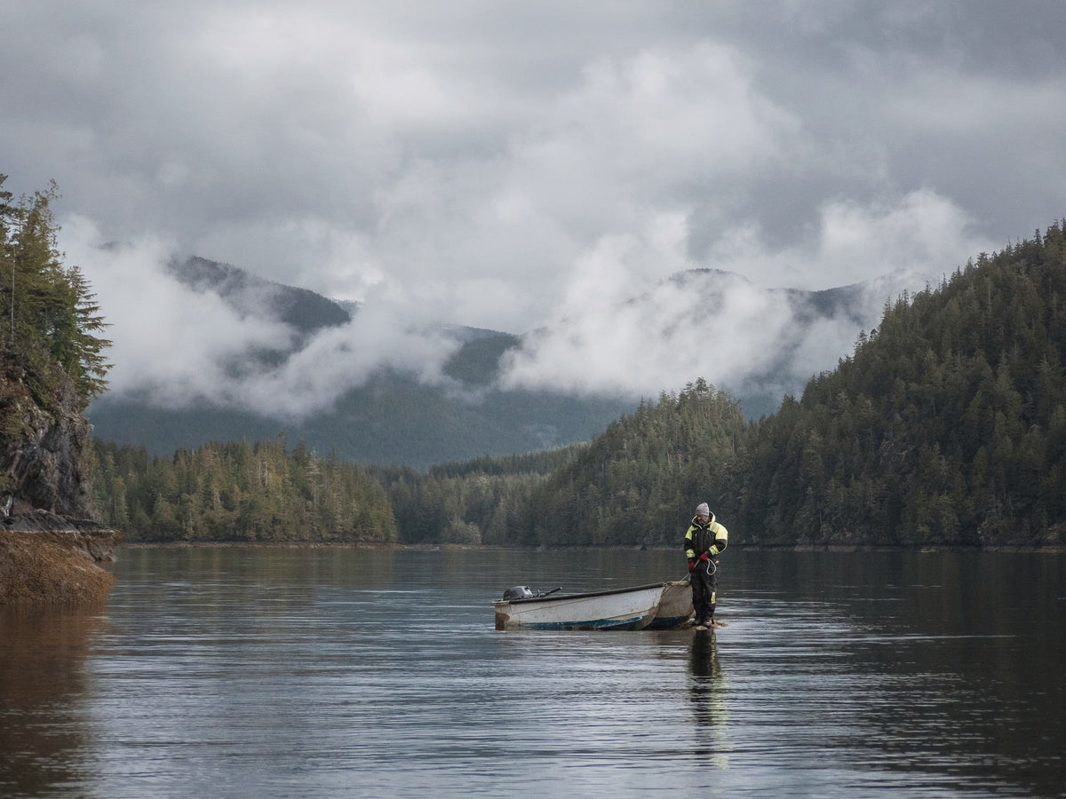 Low cloud over forested hills at our kelp restoration partner in Bamfield, Canada