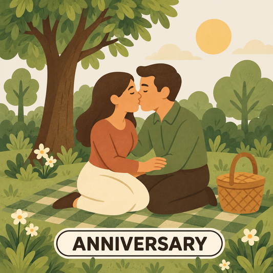 Greenr Gifts custom anniversary gift illustration: A couple sharing a kiss on a picnic blanket under a tree