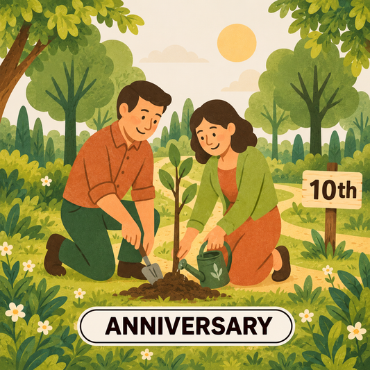 Greenr Gifts 10th anniversary gift illustration: A couple planting a sapling together