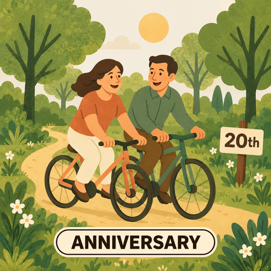 Greenr Gifts 20th anniversary gift illustration: A couple cycling together through the forest