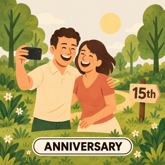 Greenr Gifts 15th anniversary gift illustration: A laughing couple taking a selfie among the trees