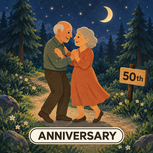 Greenr Gifts 50th anniversary gift illustration: An elderly couple dancing on a forest path under the moon and stars