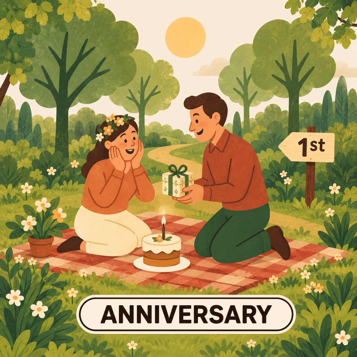 Greenr Gifts 1st anniversary gift illustration: A couple sharing a picnic and a small gift under the trees