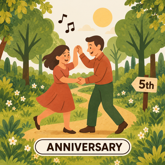 Greenr Gifts 5th anniversary gift illustration: A couple dancing on a woodland path