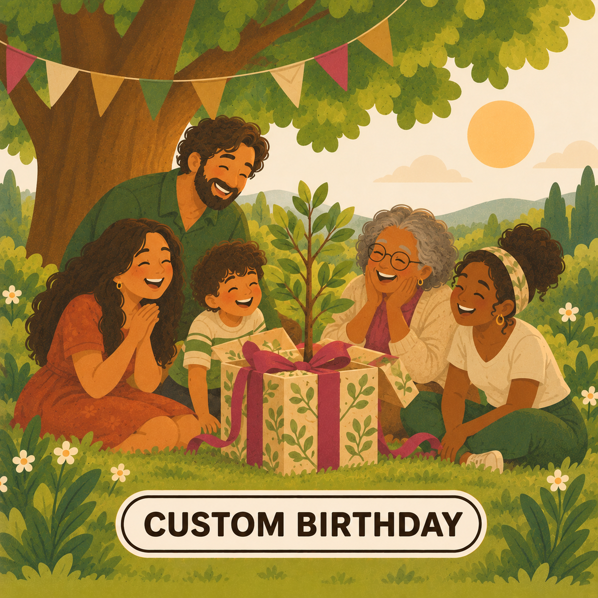 Greenr Gifts custom birthday gift illustration: Friends and family around a gift box with a sapling growing from it