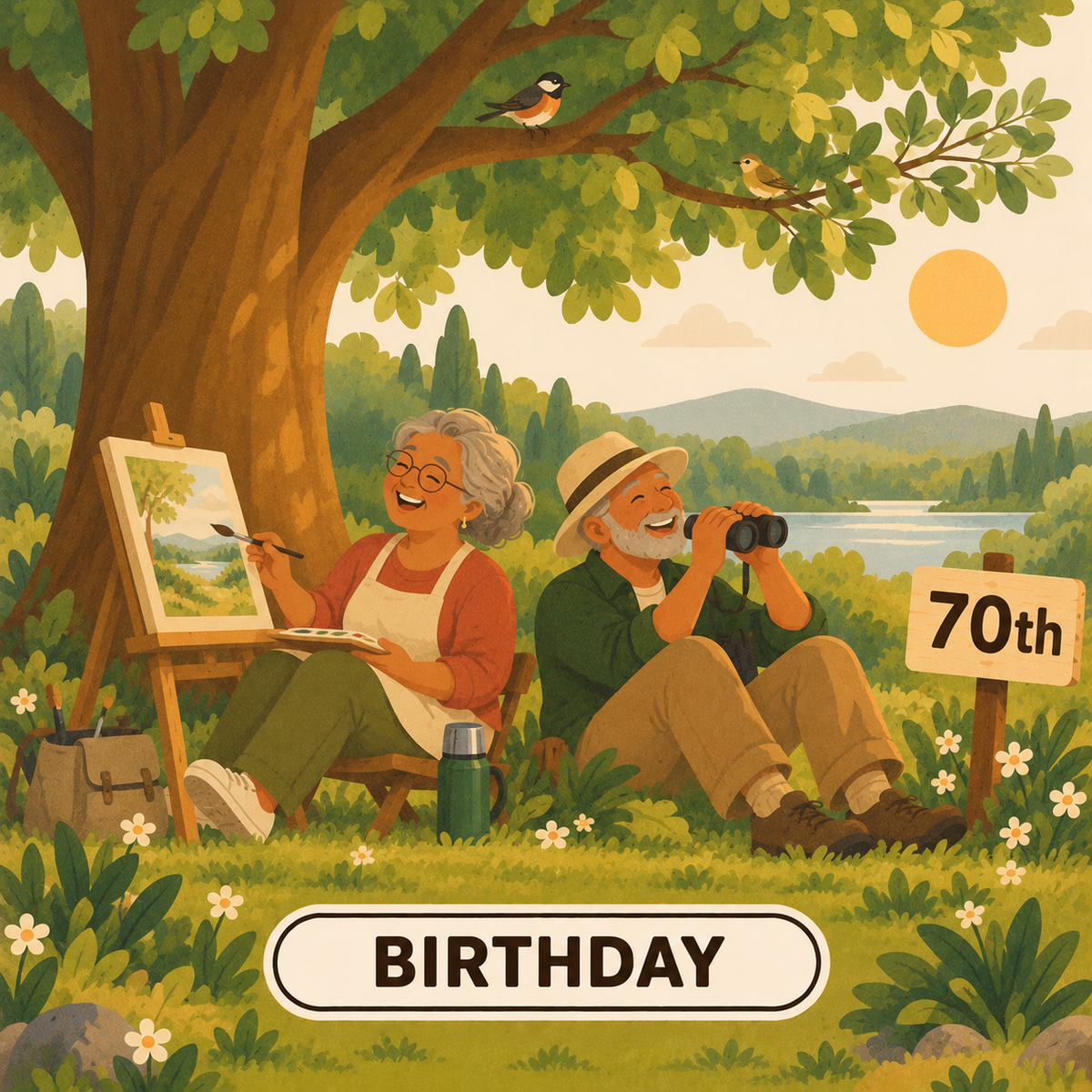 Greenr Gifts 70th birthday gift illustration: A 70-year-old painting at an easel under a tree while their partner watches birds