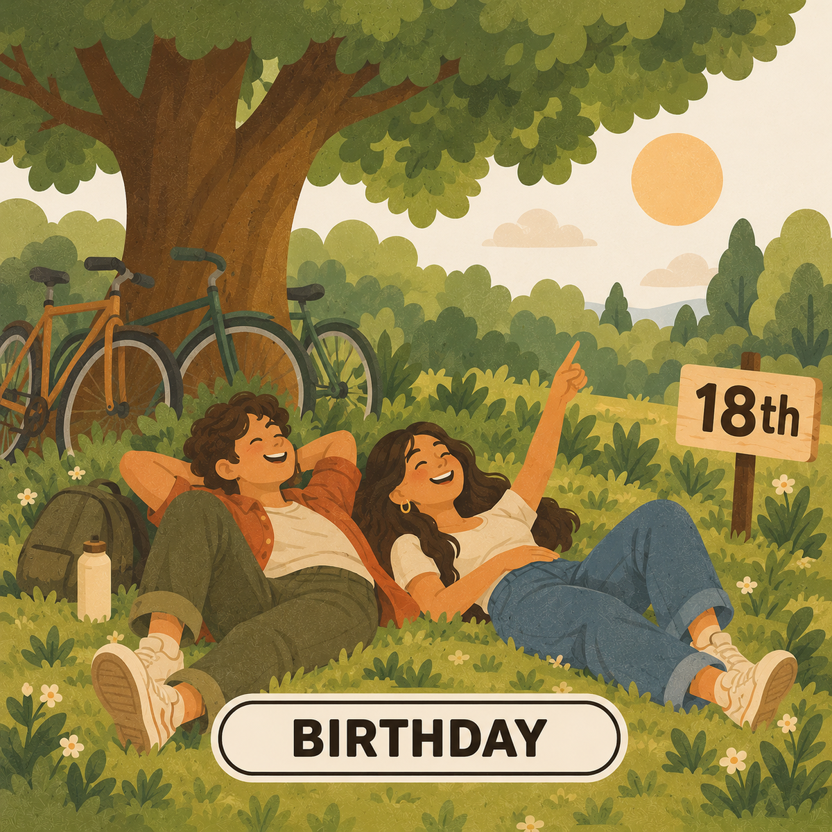 Greenr Gifts 18th birthday gift illustration: Two friends lying in the shade of a tree beside their bicycles