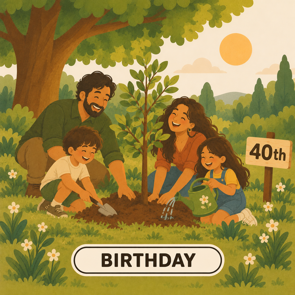 Greenr Gifts 40th birthday gift illustration: A family of four planting a tree together