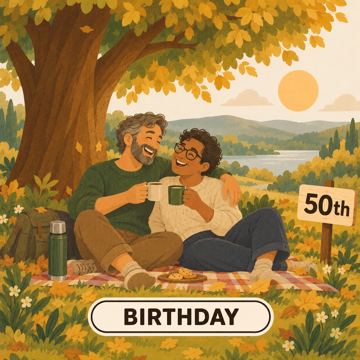 Greenr Gifts 50th birthday gift illustration: A same-sex couple sharing tea on a picnic blanket under an autumn tree