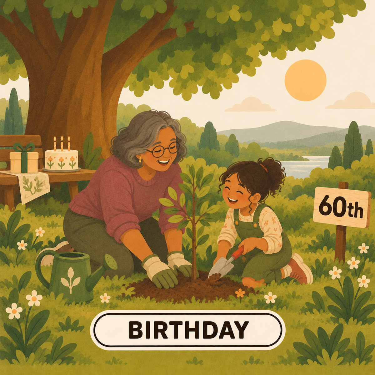 Greenr Gifts 60th birthday gift illustration: A grandparent teaching a grandchild to plant a sapling