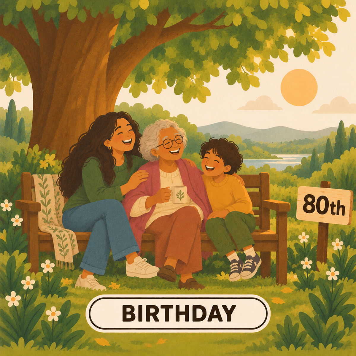 Greenr Gifts 80th birthday gift illustration: An elder on a bench under a large tree with family