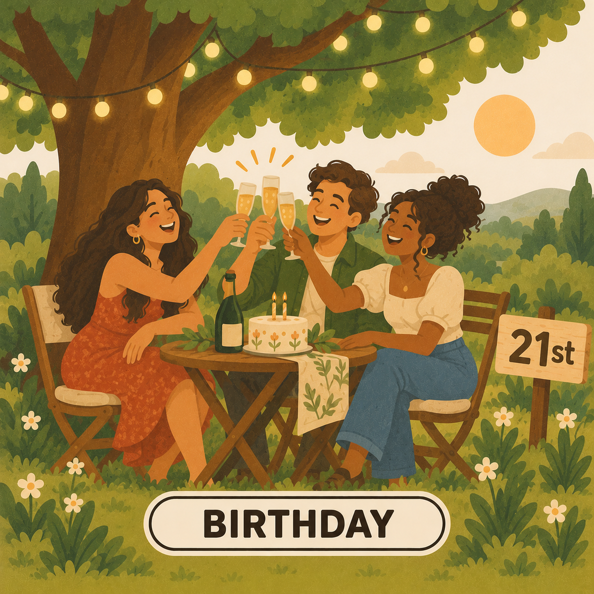 Greenr Gifts 21st birthday gift illustration: Friends toasting with champagne at a table under a tree with fairy lights