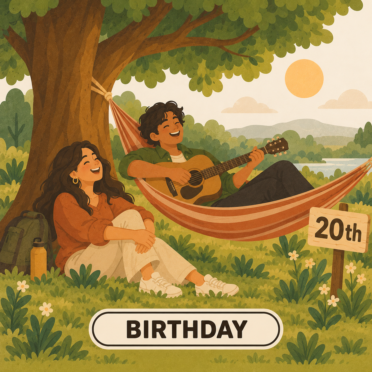 Greenr Gifts 20th birthday gift illustration: A friend playing guitar in a hammock under a tree