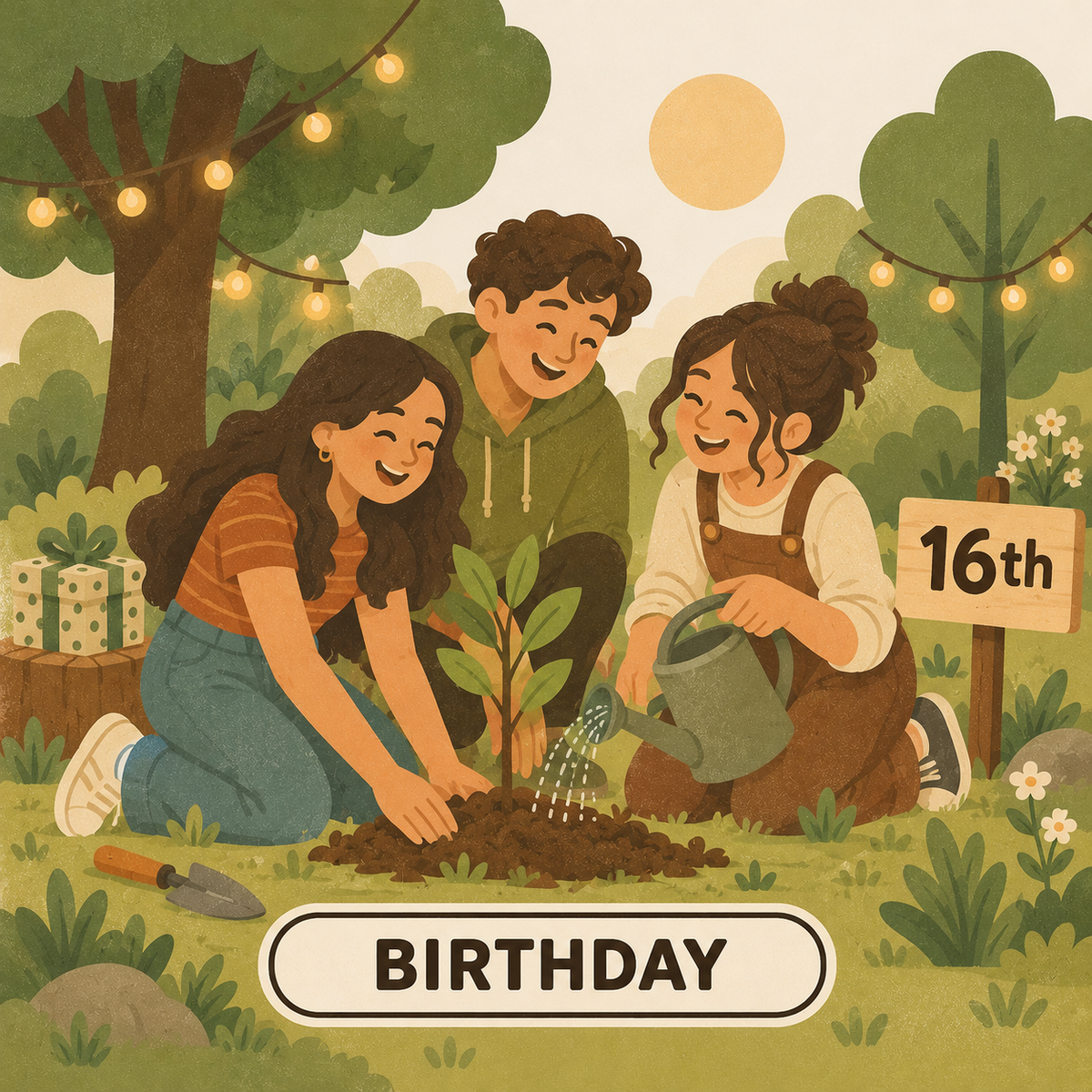 Greenr Gifts 16th birthday gift illustration: Three teenagers planting a sapling under string lights