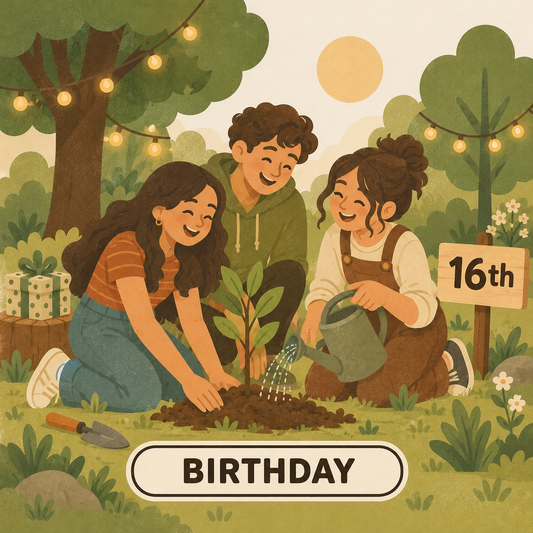 Greenr Gifts 16th birthday gift illustration: Three teenagers planting a sapling under string lights