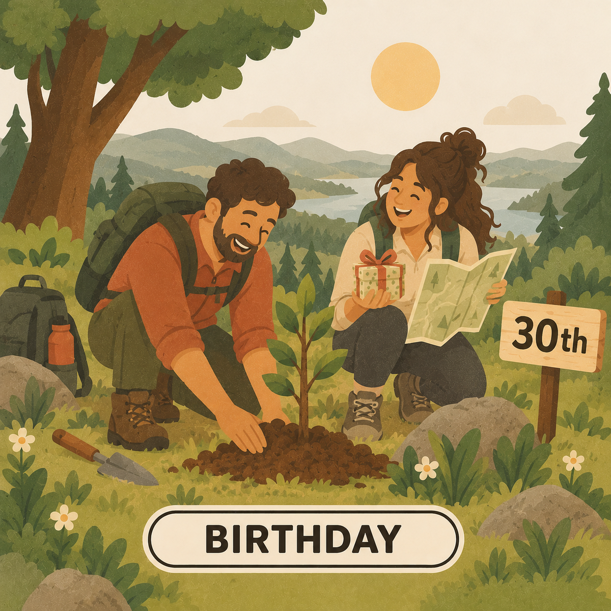 Greenr Gifts 30th birthday gift illustration: A couple on a hike planting a sapling