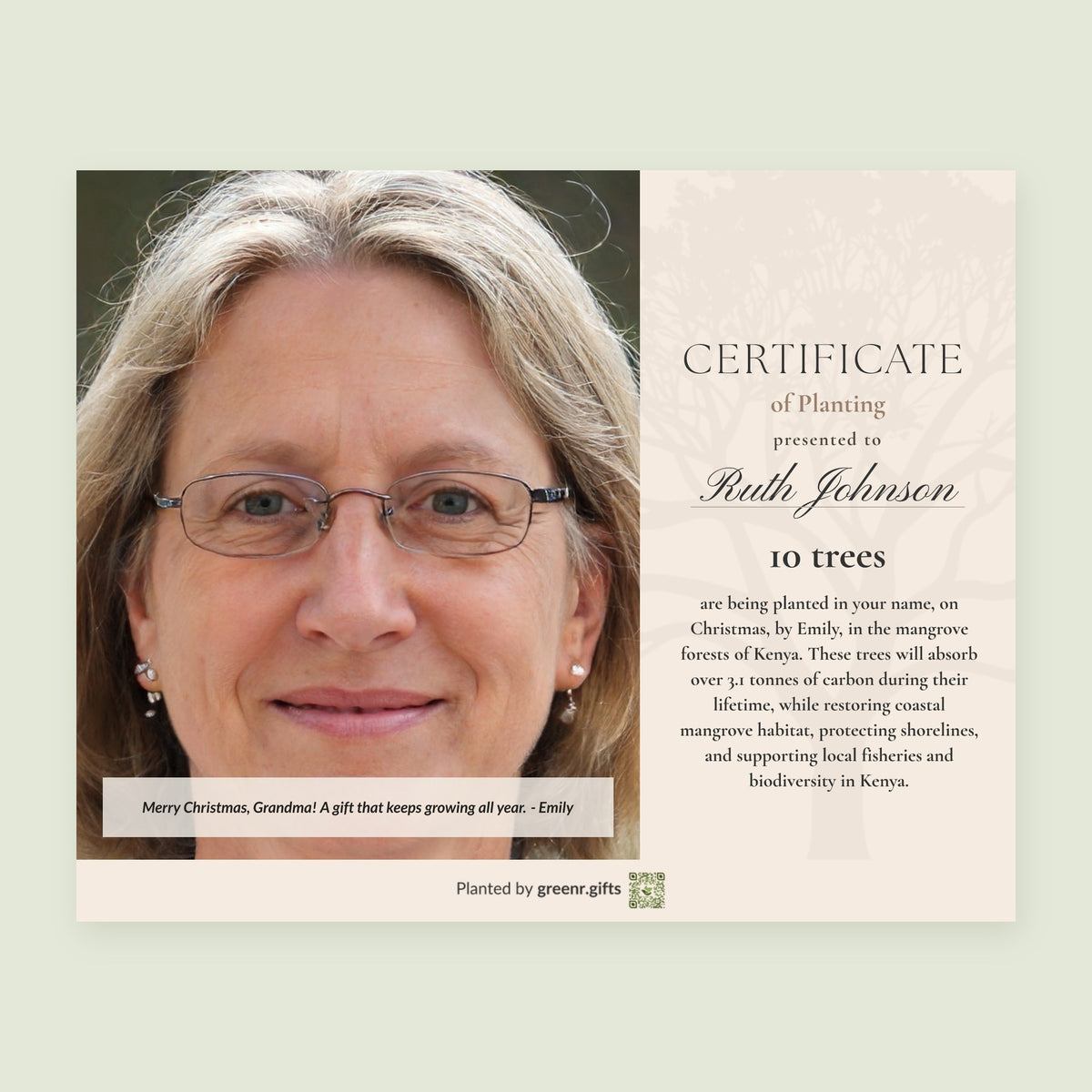 Example certificate for Christmas gift: 10 trees planted in Ruth Johnson's name, with a photo and a personal note