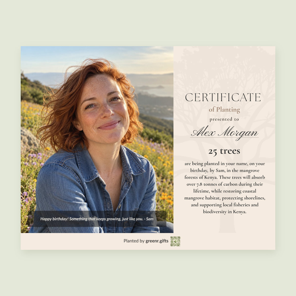 Example certificate for Custom birthday gift - Plant any number of trees: 25 trees planted in Alex Morgan's name, with a photo and a personal note