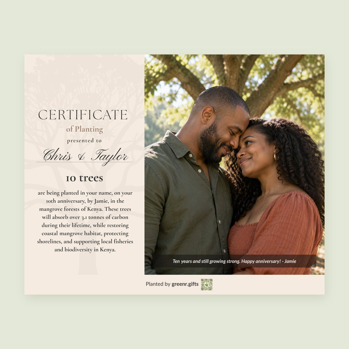 Example certificate for Decade of Devotion - 10 trees for 10th anniversary: 10 trees planted in Chris and Taylor's name, with a photo and a personal note