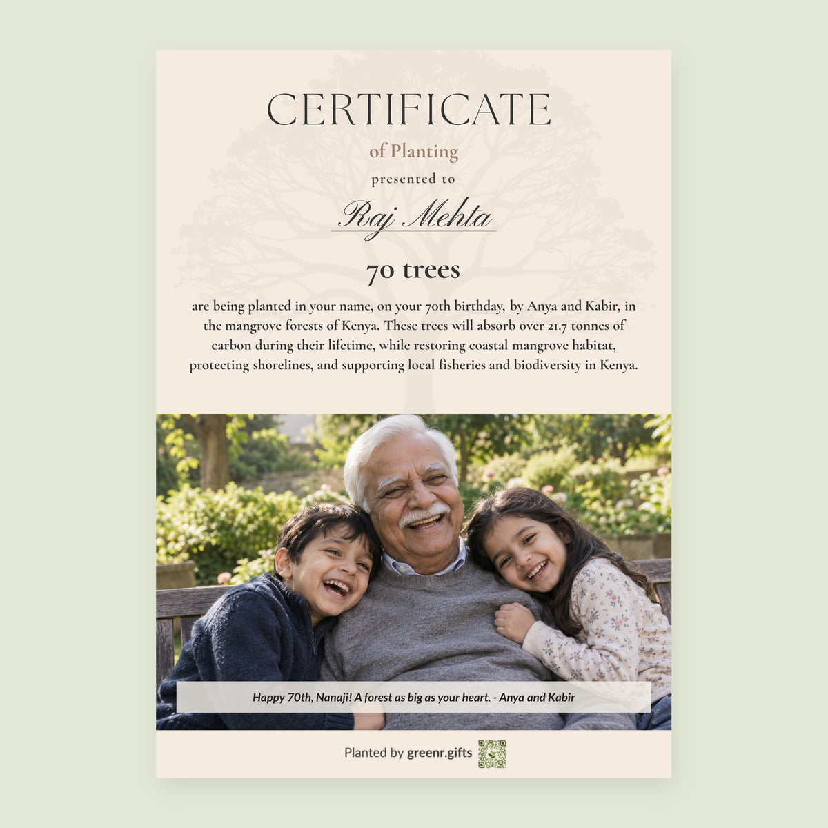 Example certificate for Evergreen Seventy - 70 trees for 70th birthday: 70 trees planted in Raj Mehta's name, with a photo and a personal note