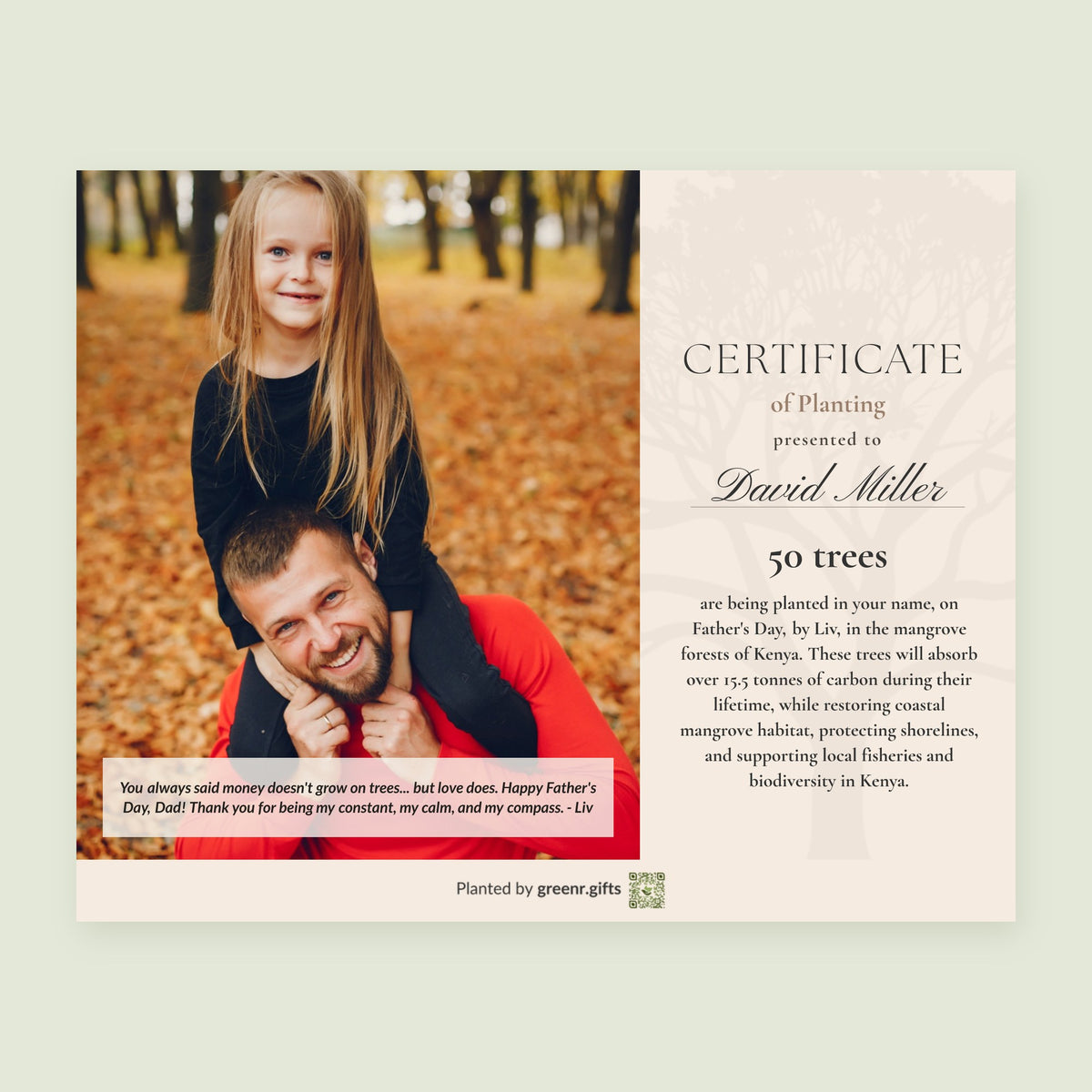 Example Father's Day certificate with a photo of a dad and daughter and a note