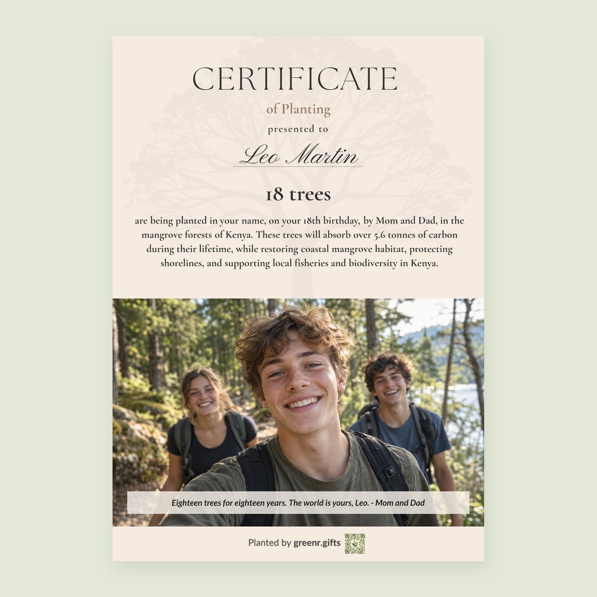 Example certificate for Forest Debut - 18 trees for 18th birthday: 18 trees planted in Leo Martin's name, with a photo and a personal note