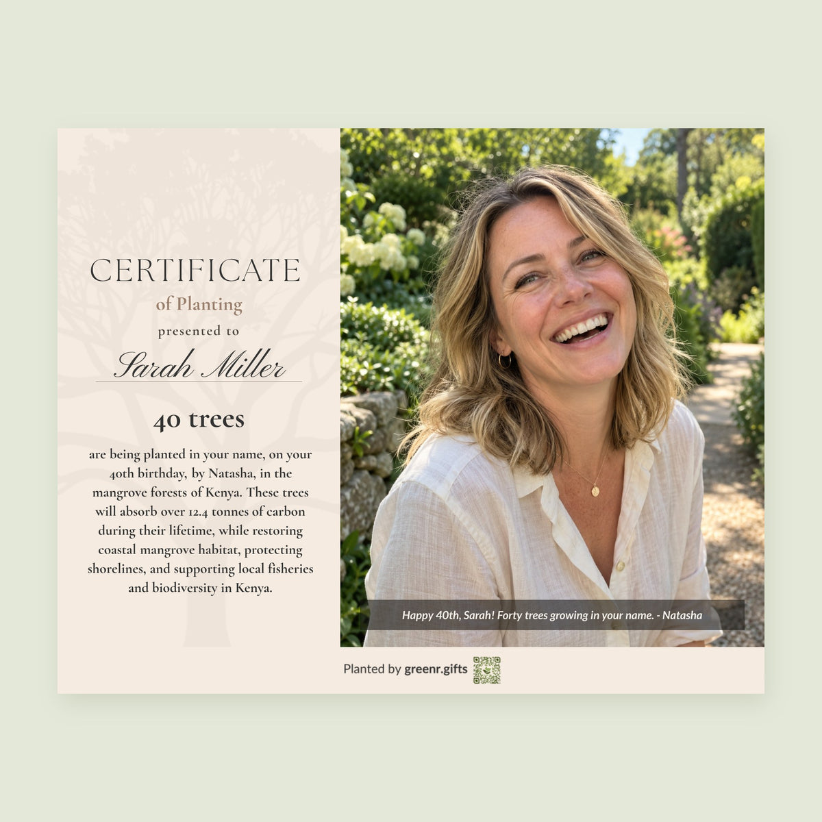 Example certificate for Forties Forest - 40 trees for 40th birthday: 40 trees planted in Sarah Miller's name, with a photo and a personal note