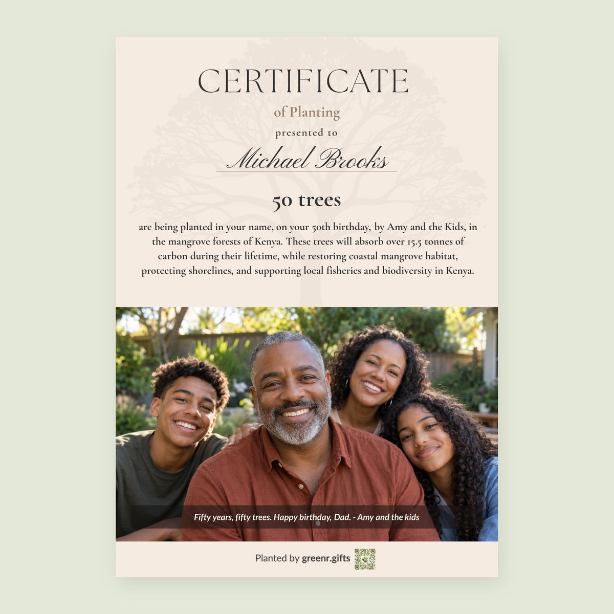 Example certificate for Golden Grove - 50 trees for 50th birthday: 50 trees planted in Michael Brooks's name, with a photo and a personal note