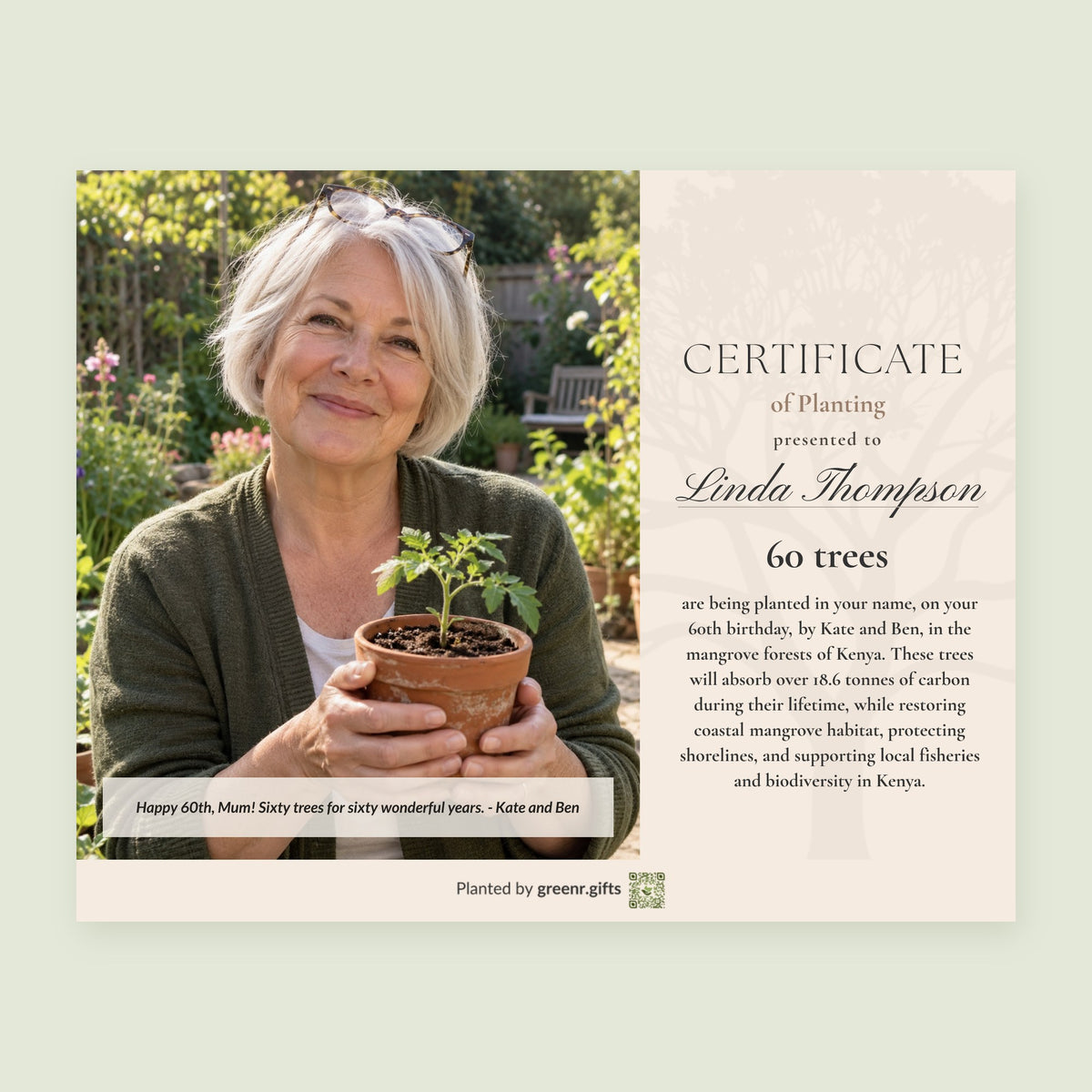 Example certificate for Grove of Wisdom - 60 trees for 60th birthday: 60 trees planted in Linda Thompson's name, with a photo and a personal note