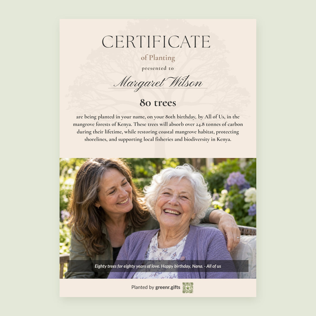 Example certificate for Legacy Grove - 80 trees for 80th birthday: 80 trees planted in Margaret Wilson's name, with a photo and a personal note