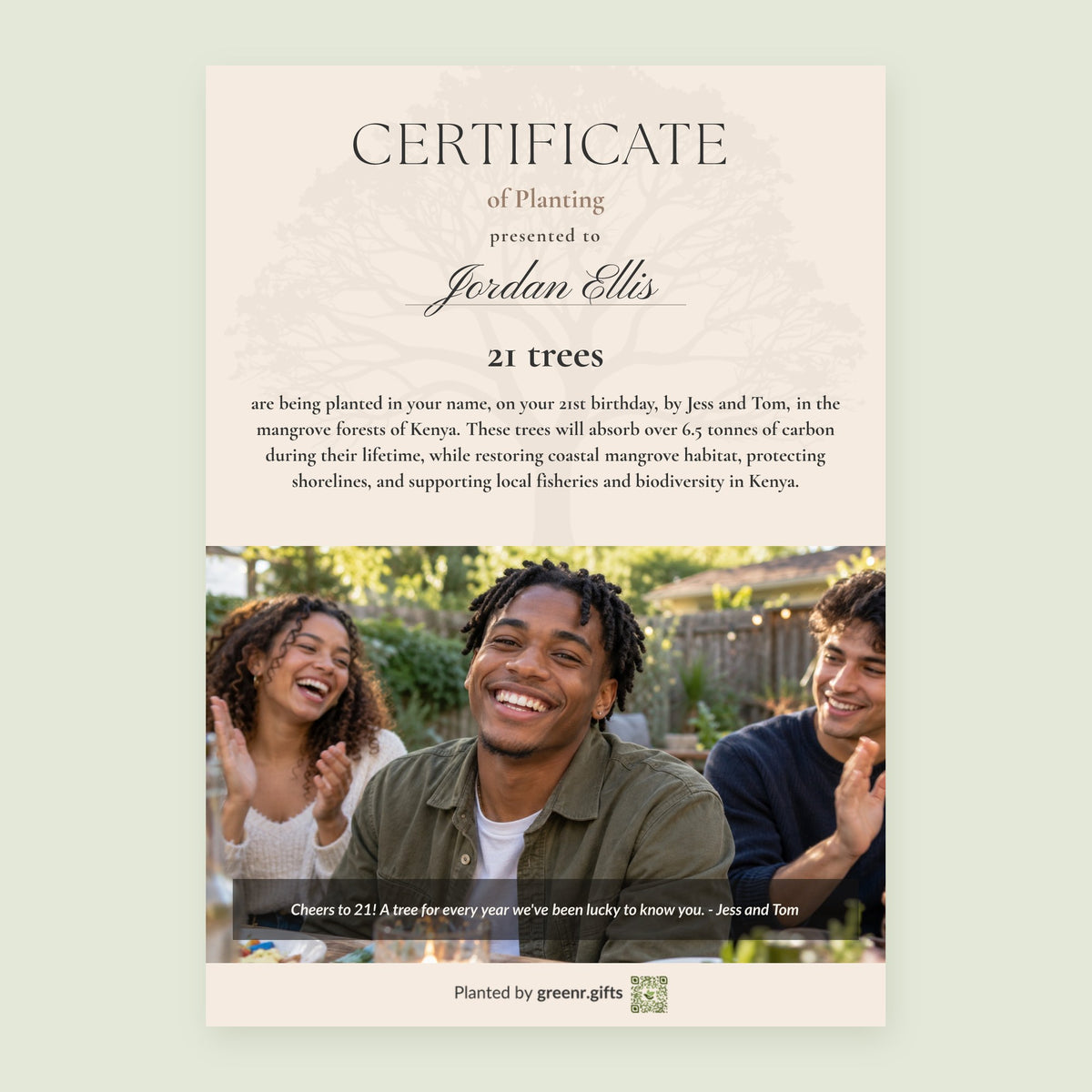 Example certificate for Liberty Grove - 21 trees for 21th birthday: 21 trees planted in Jordan Ellis's name, with a photo and a personal note