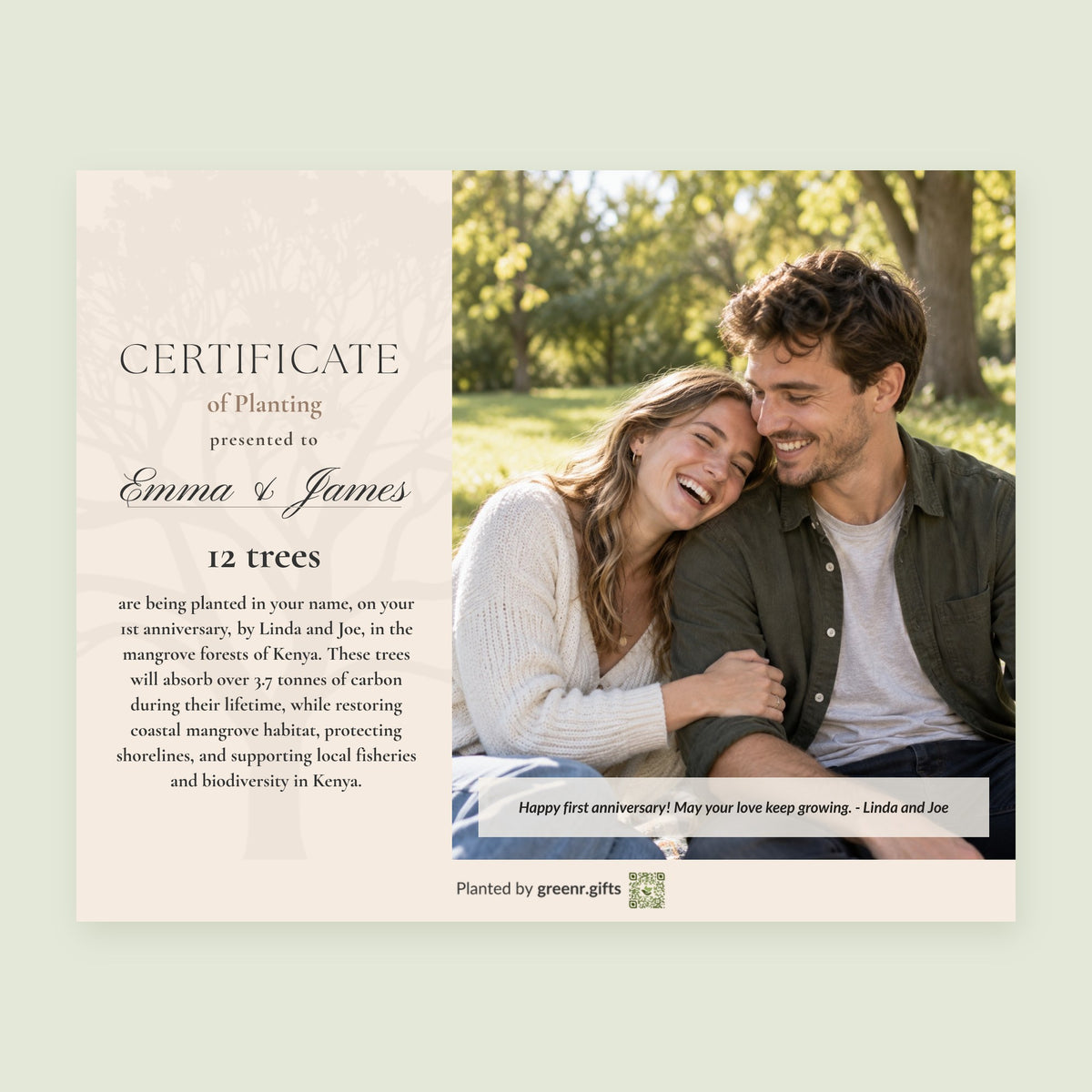 Example certificate for Love Grove - 1st anniversary: 12 trees planted in Emma and James's name, with a photo and a personal note