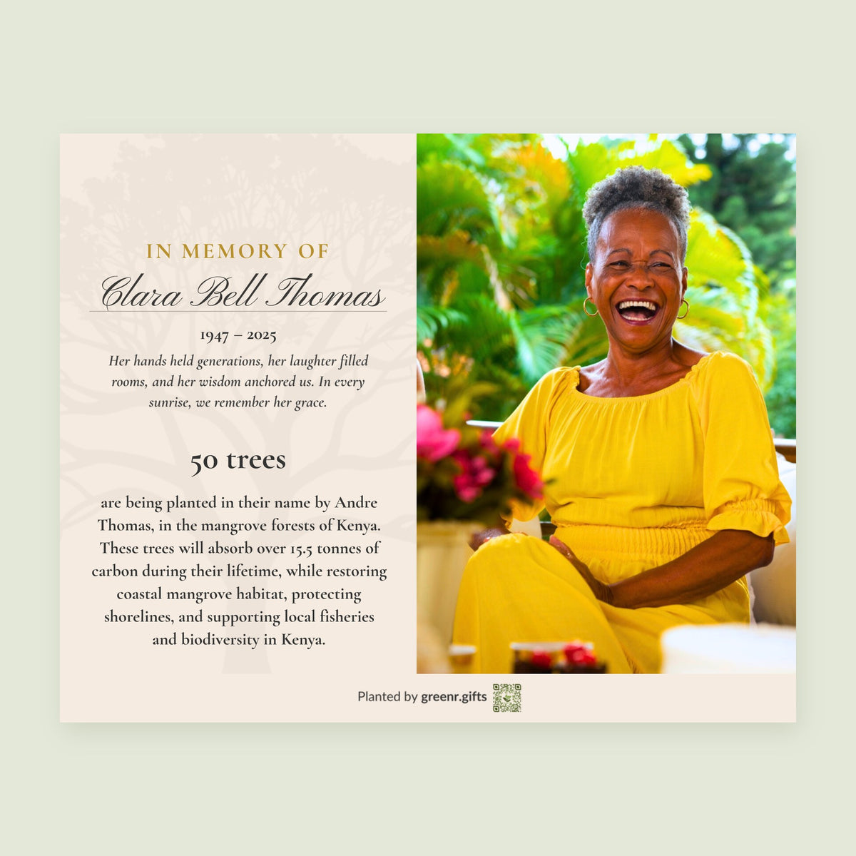 Example memorial certificate with a photo, in memory of Clara Bell Thomas