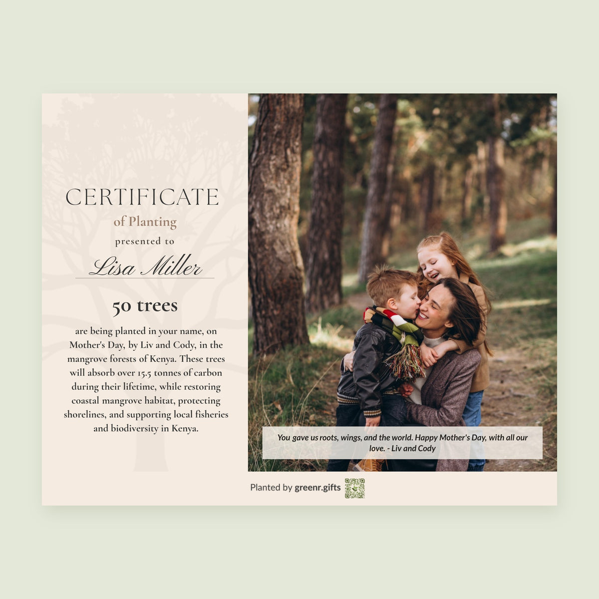Example Mother's Day certificate with a family photo and a note from the kids