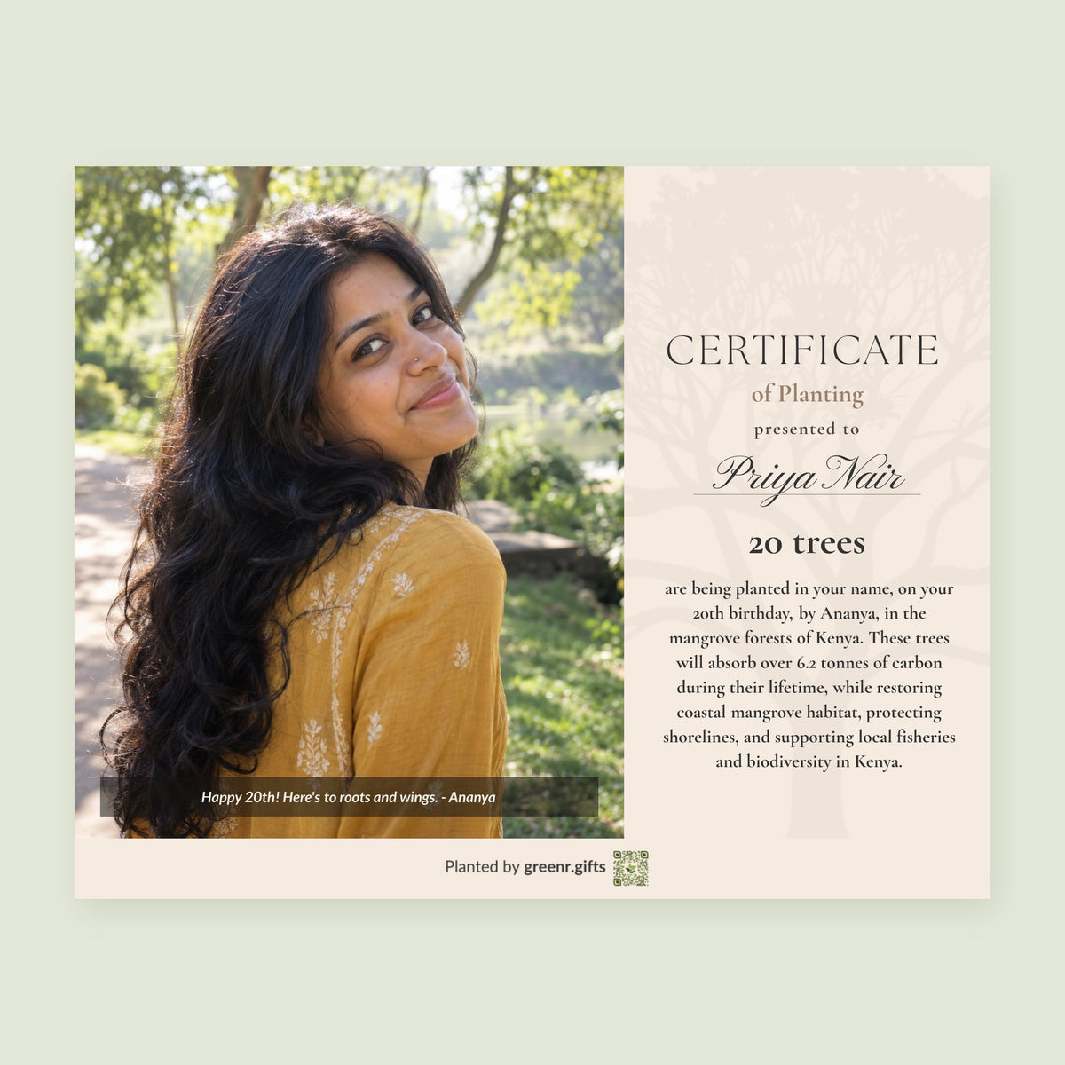Example certificate for Rooted at Twenty - 20 trees for 20th birthday: 20 trees planted in Priya Nair's name, with a photo and a personal note