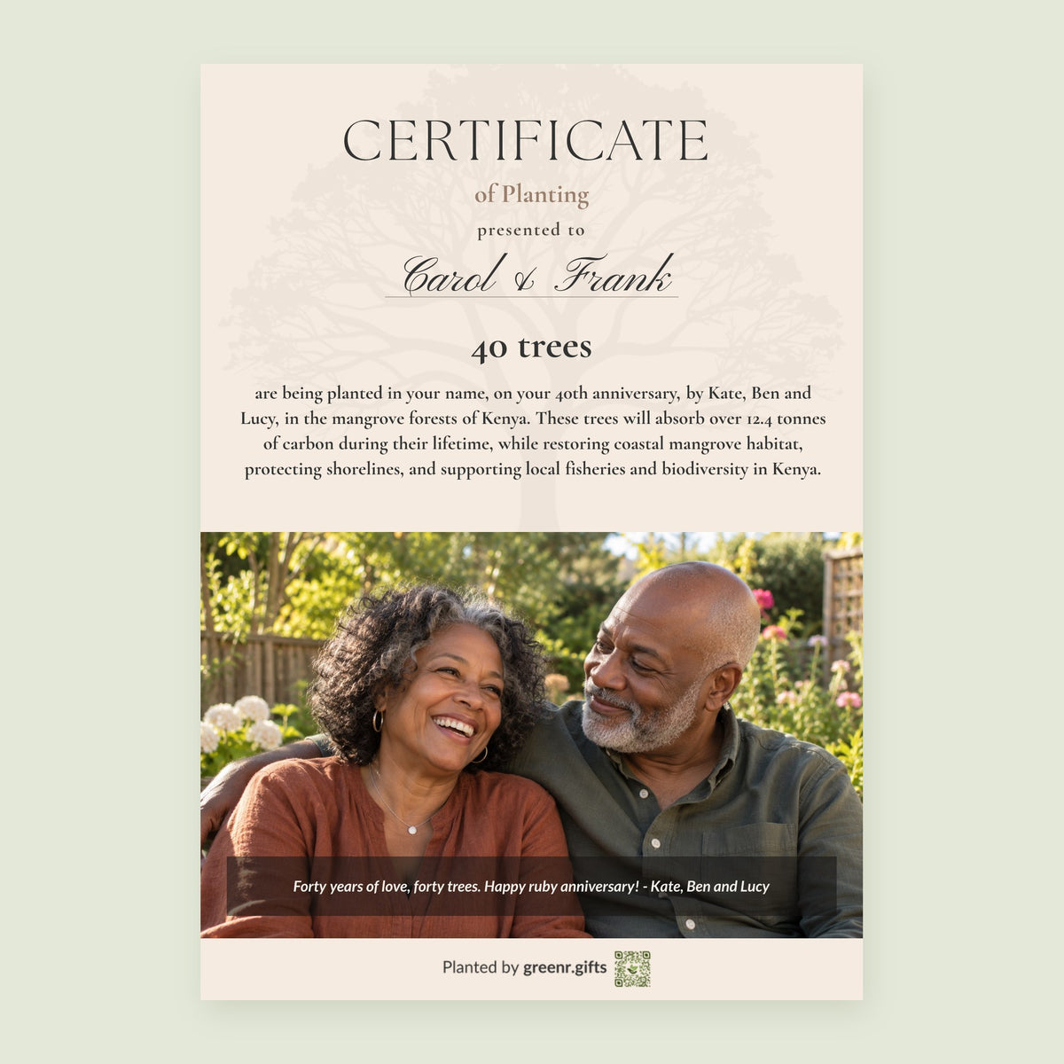 Example certificate for Ruby Oasis - 40 trees for 40th anniversary: 40 trees planted in Carol and Frank's name, with a photo and a personal note
