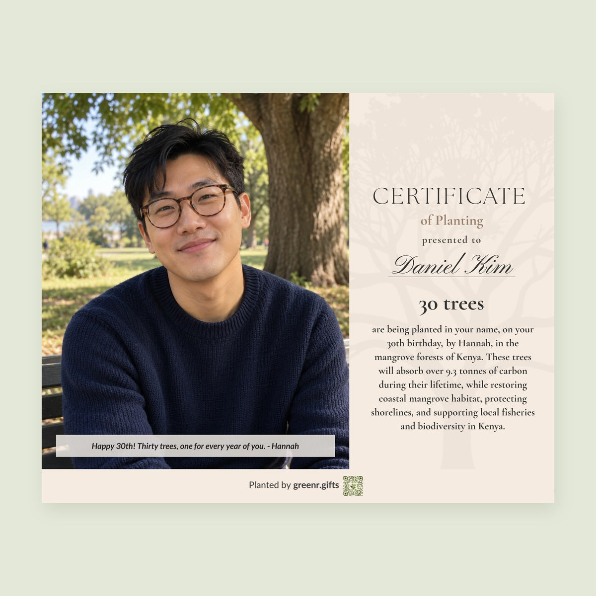 Example certificate for Tree decade surprise - 30 trees for 30th birthday: 30 trees planted in Daniel Kim's name, with a photo and a personal note