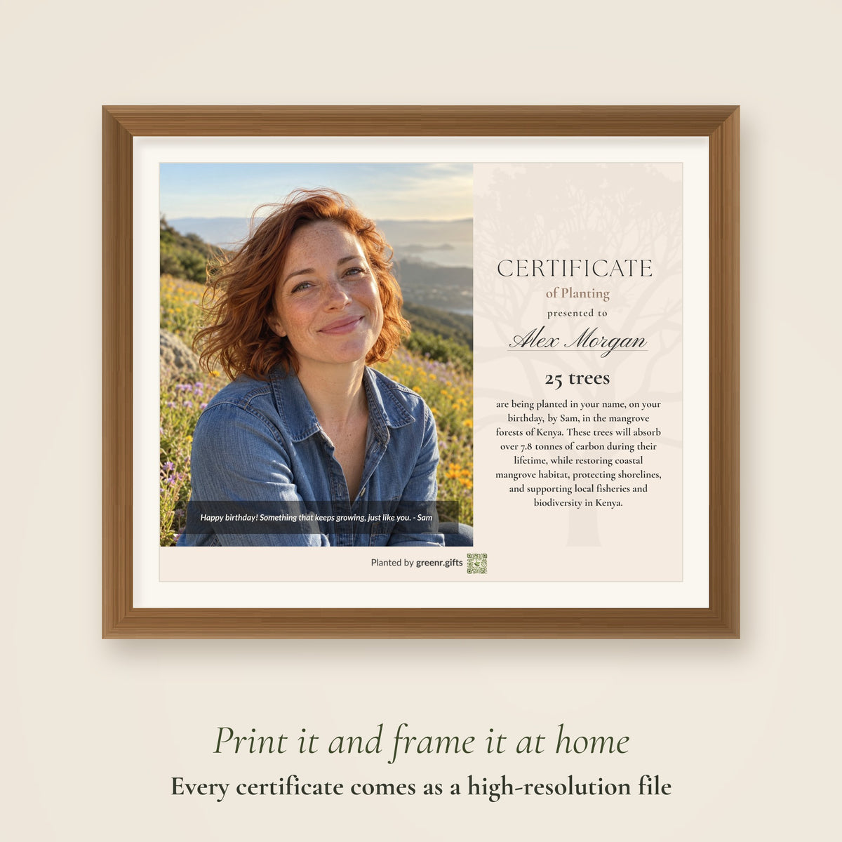 Custom birthday gift - Plant any number of trees certificate printed and framed: every certificate comes as a high-resolution file to print and frame at home
