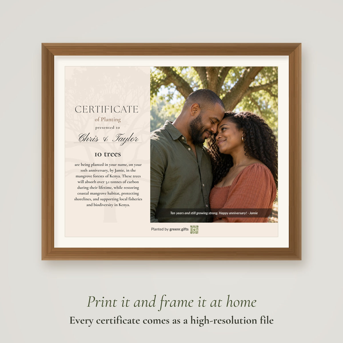 Decade of Devotion - 10 trees for 10th anniversary certificate printed and framed: every certificate comes as a high-resolution file to print and frame at home