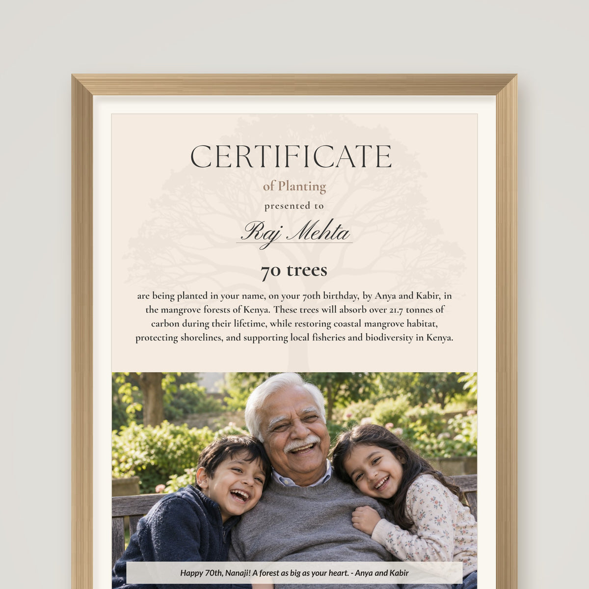 Evergreen Seventy - 70 trees for 70th birthday certificate printed and framed: every certificate comes as a high-resolution file to print and frame at home