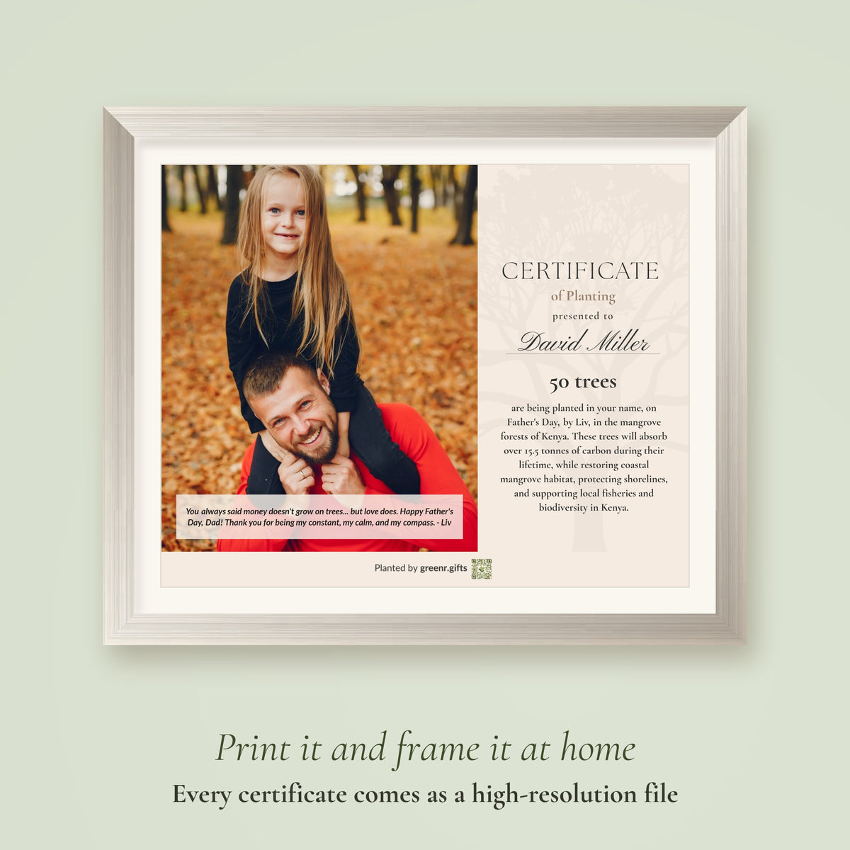 Father's Day Tree Tribute certificate printed and framed: every certificate comes as a high-resolution file to print and frame at home