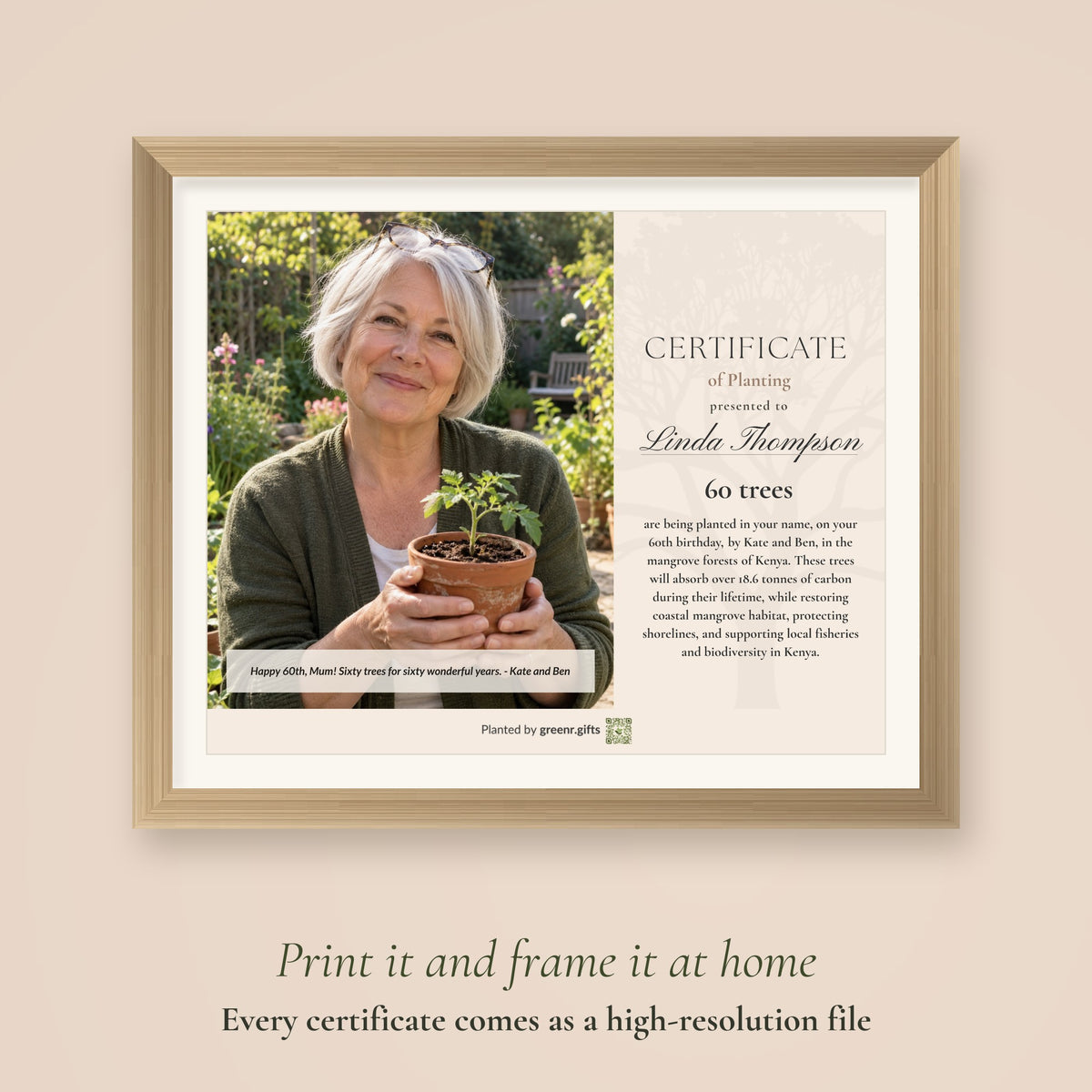 Grove of Wisdom - 60 trees for 60th birthday certificate printed and framed: every certificate comes as a high-resolution file to print and frame at home