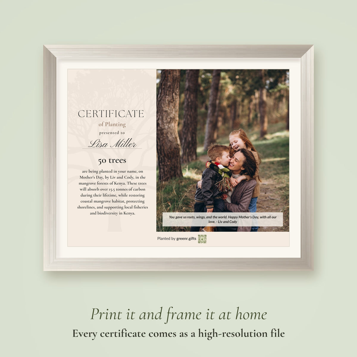 Mother's Day Tree Tribute certificate printed and framed: every certificate comes as a high-resolution file to print and frame at home