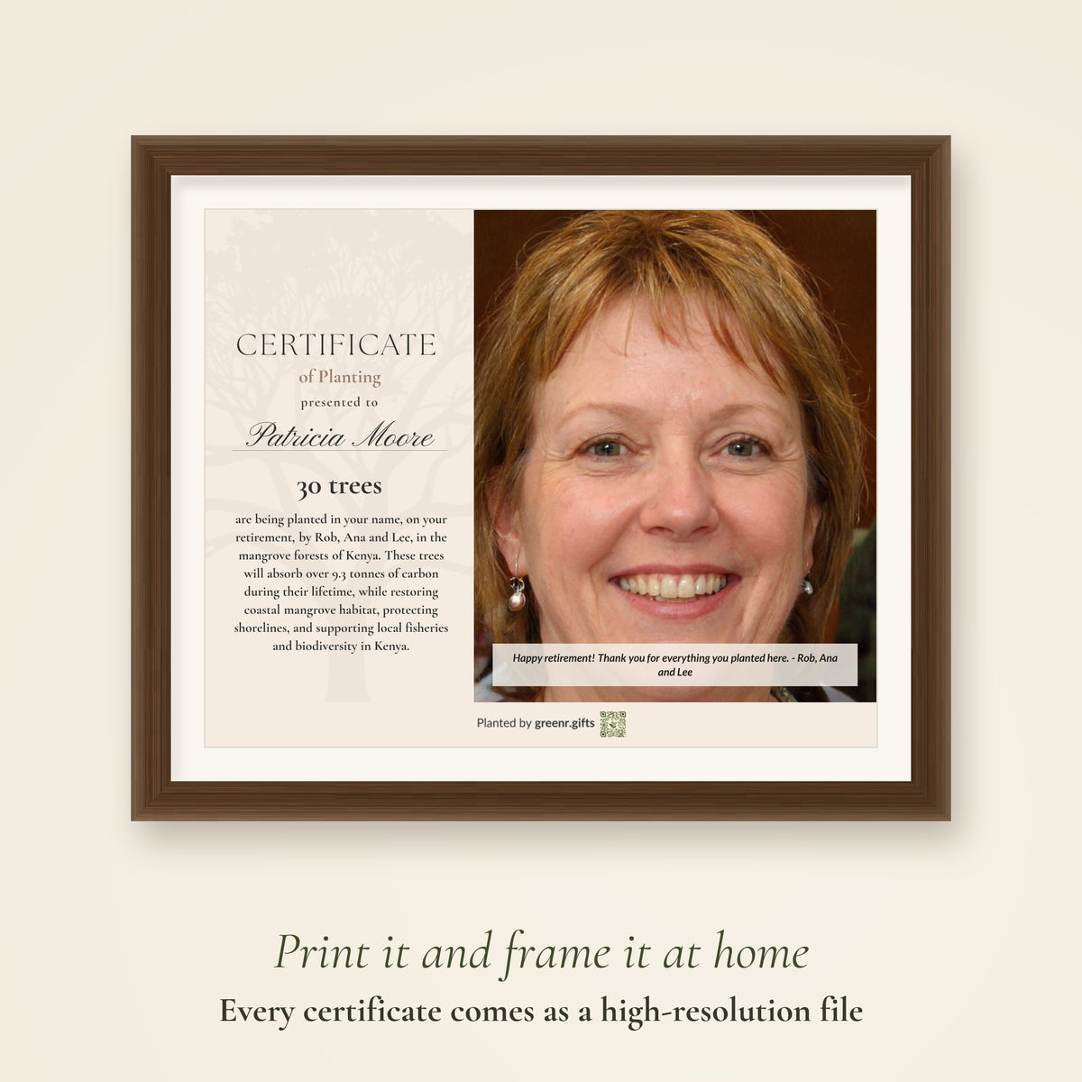Plant trees for a retiree certificate printed and framed: every certificate comes as a high-resolution file to print and frame at home