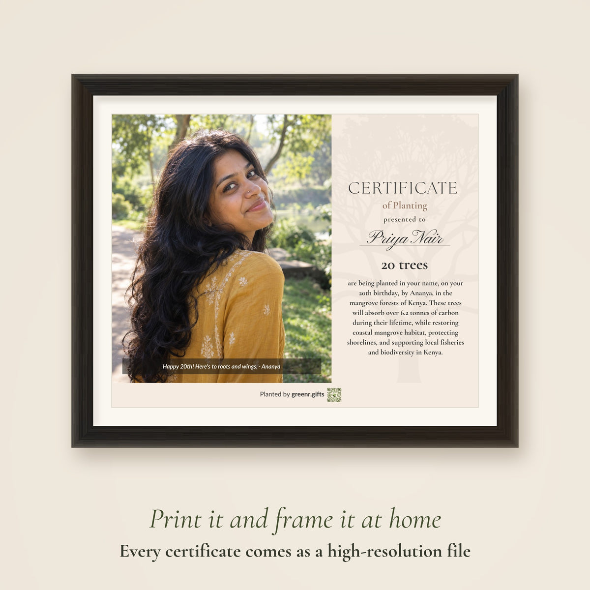 Rooted at Twenty - 20 trees for 20th birthday certificate printed and framed: every certificate comes as a high-resolution file to print and frame at home