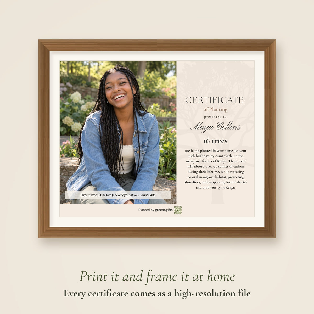 Sweet Six-Tree-n Grove - 16 trees for 16th birthday certificate printed and framed: every certificate comes as a high-resolution file to print and frame at home