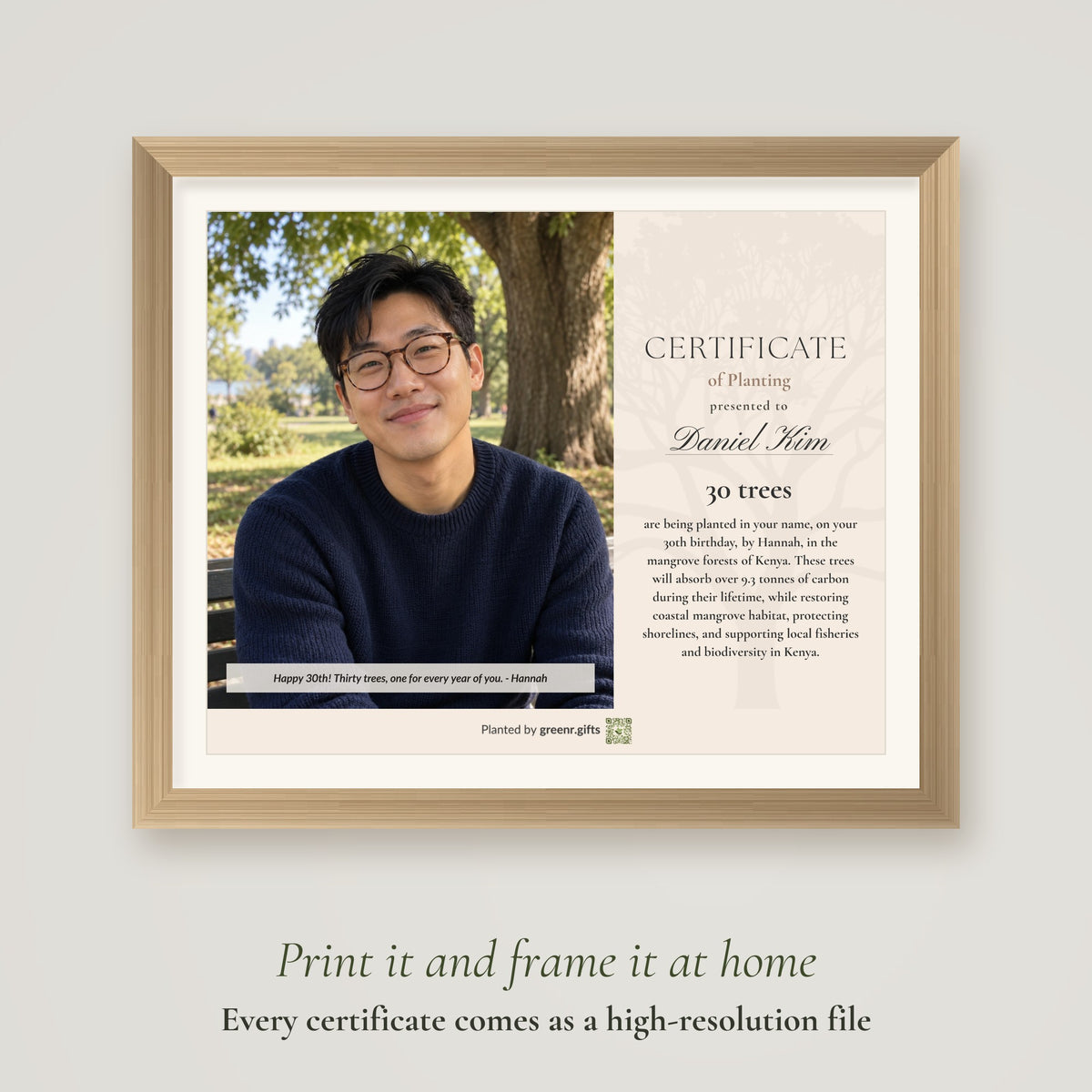 Tree decade surprise - 30 trees for 30th birthday certificate printed and framed: every certificate comes as a high-resolution file to print and frame at home