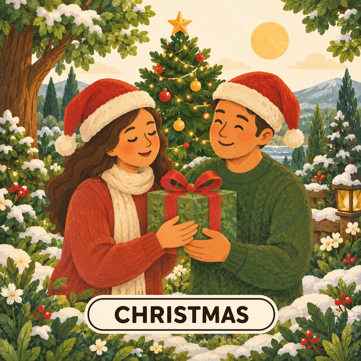 Greenr Gifts Christmas gift illustration: A couple in Santa hats exchanging a wrapped gift by a decorated tree