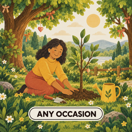 Greenr Gifts any-occasion gift illustration: A woman kneeling to plant a sapling in a sunlit garden, gift ribbons and a paper heart hanging in the trees