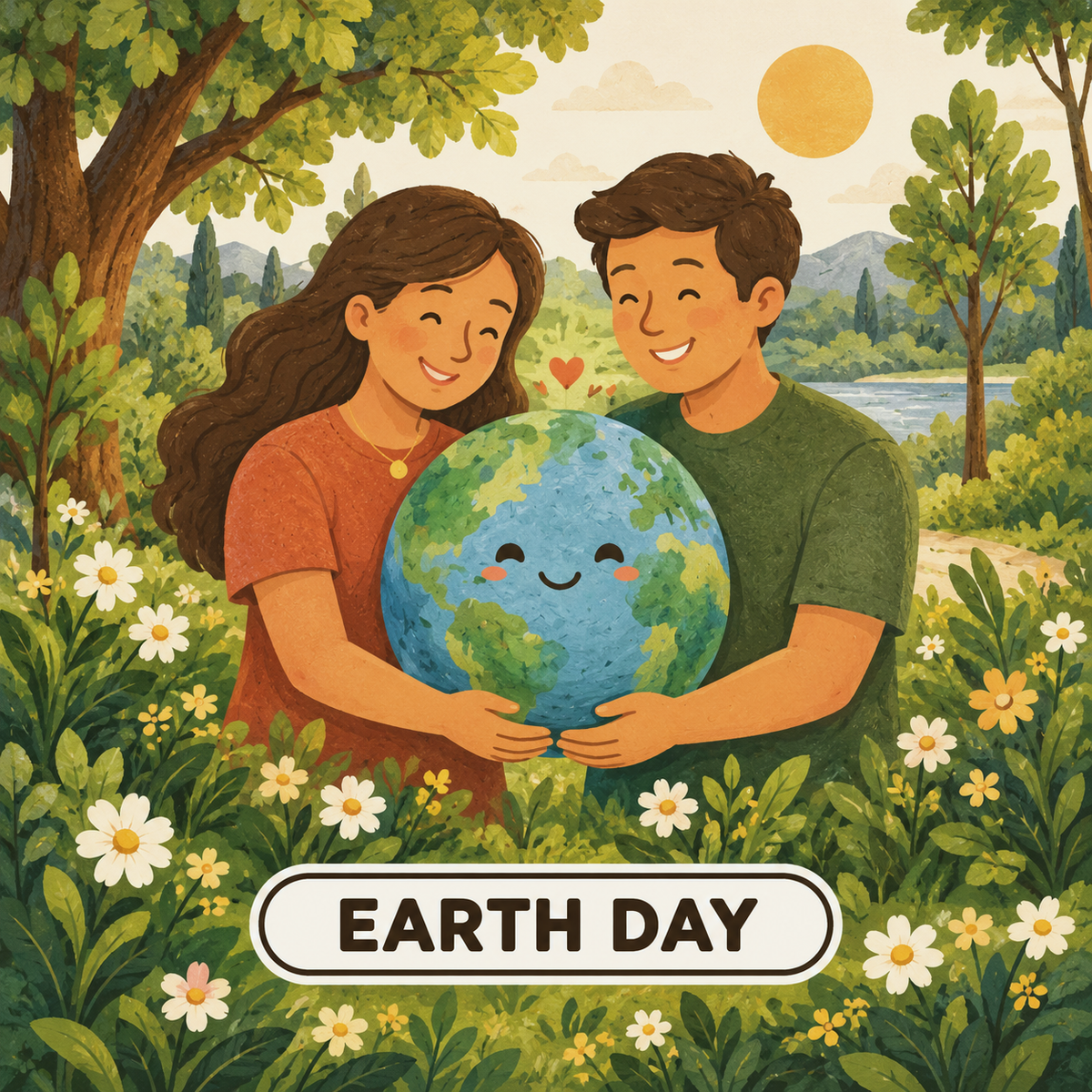 Greenr Gifts Earth Day gift illustration: A couple holding a small smiling Earth among flowers and young trees